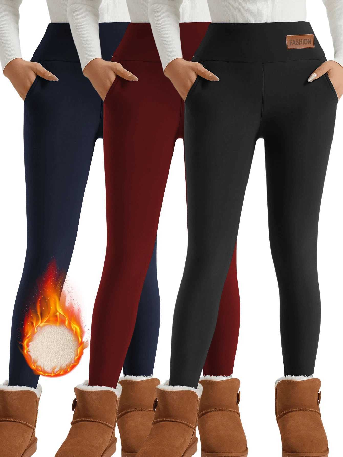 3 Pack Winter Warm PantsFleece Lined High Waist Leggings for Women BlackNavyWine Red Thickened Thermal Trousers WindproofT251016