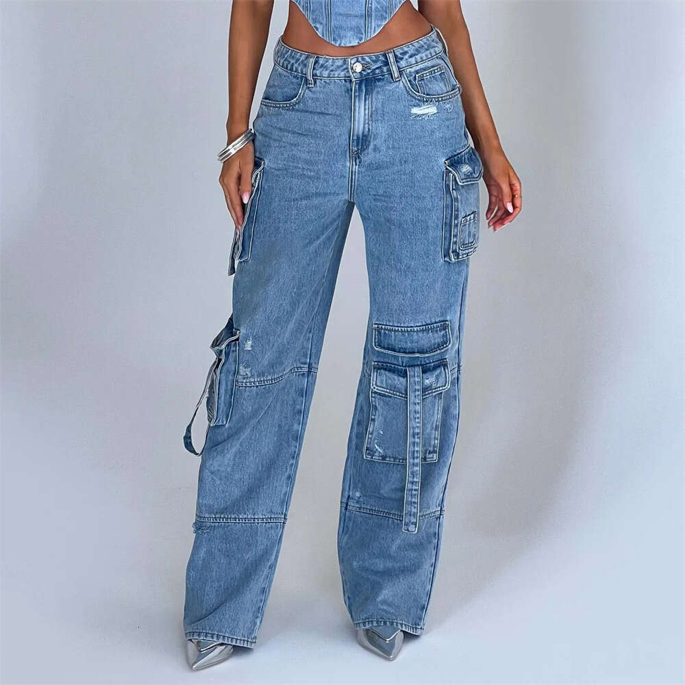 Long Hot Girl Straight-Leg Multi-Pocket Denim Cargo Women, Ins Style Versatile Loose Casual Pants For Women B5