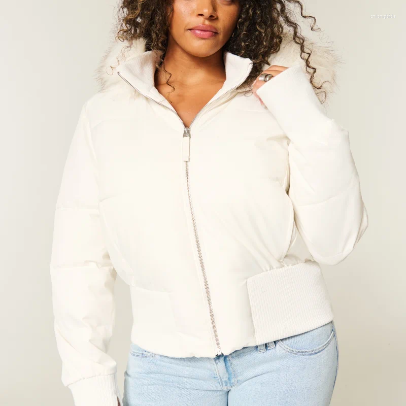 Women's Jackets Chic Fur Collar Hooded Cotton Jacket Solid Zipper Slim Waist Pocket Warm Thick Coat 2025 Winter Autumn Female Outerwear