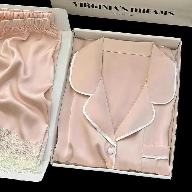 Fashionable home wear 2025 Womens Pajamas Autumn Long Sleeve Ice Silk Korean Pajamas Korean Version Light Luxury Lace Imitation Silk Thin Homewear Set