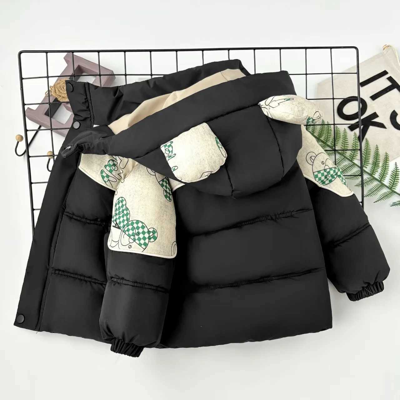 2025 Winter Children Cotton Jacket Baby Boy Girl Cute Bear Color Blocking Thicken Padded Warm Hooded Parka With Bag Kids ClothesT251016