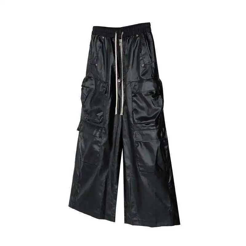 FEWQ Trendy American Street Mens Work Pants PU Leather Pocket Wide Leg Trousers Solid Color Darkwear Male Casual 21Z7056 J251203