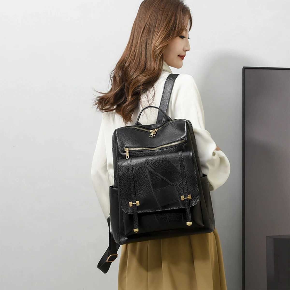 Backpack Trendy Korean Edition Fashion Solid Color Womens Backpack Casual PU Soft Leather Anti Splash Travel BagLJXT251016