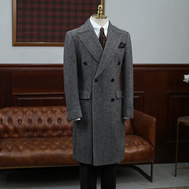 British Style Coat Autumn Winter Jacket Herringbone Pattern New Mens Slim Fit Trench Coat MidLength Woolen Coat Double Breasted 241228Z