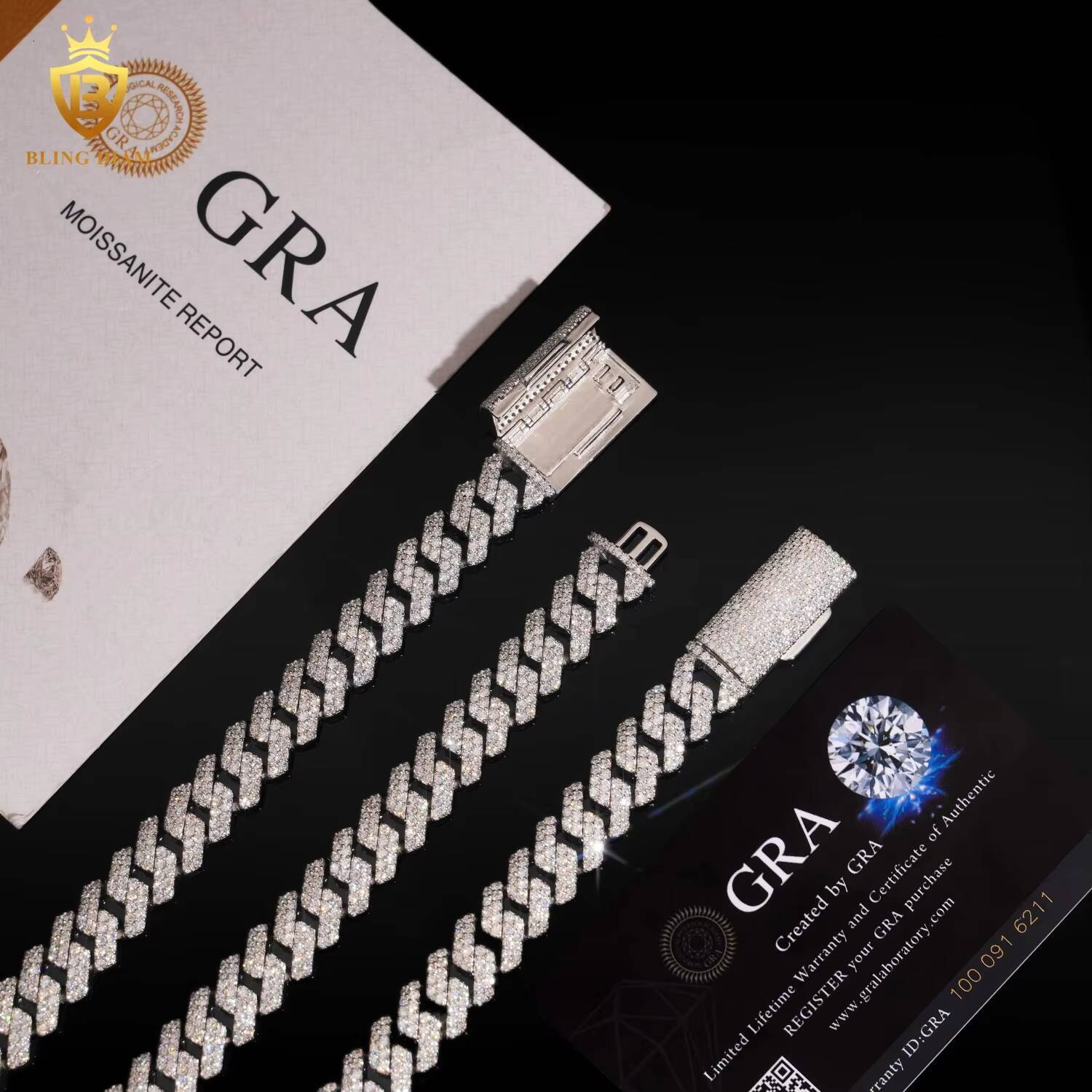 New Product Iced Out Moissanite Necklace Cuban Link Chain HipHop 12mm 925 Silver Moissanite Beaded Chain Pass Diamond Tester GRA