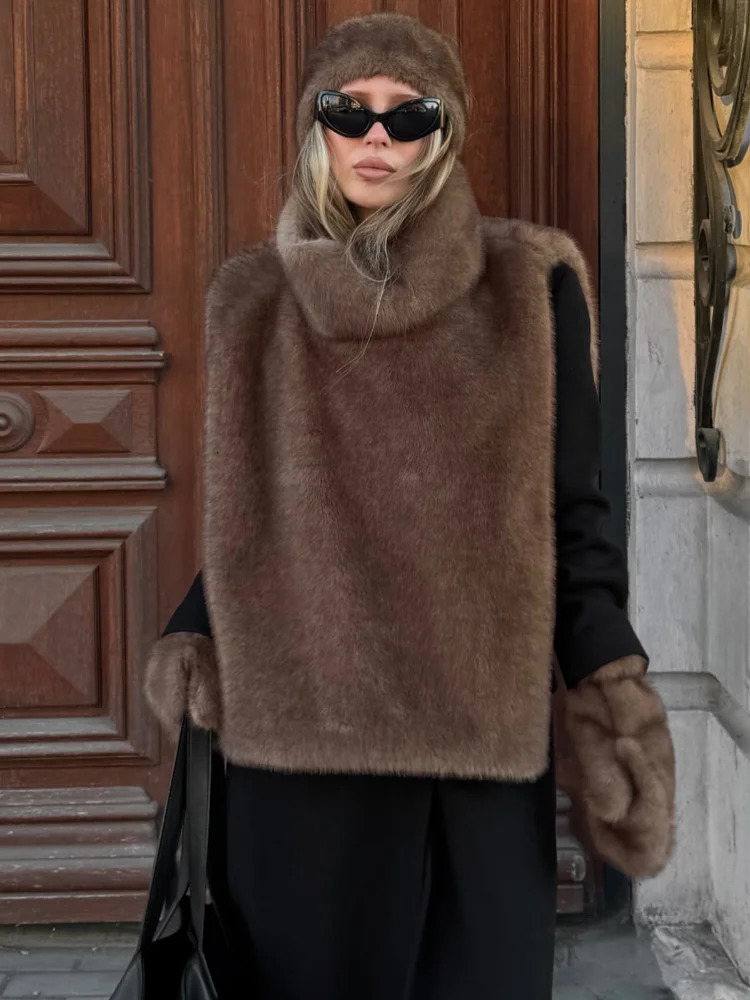 Fashion Faux Fur Vest Crop Top Women Elegant Solid Turtleneck Fluffy Short Tank Tops Winter Female Sleeveless Jacket Coat 251014