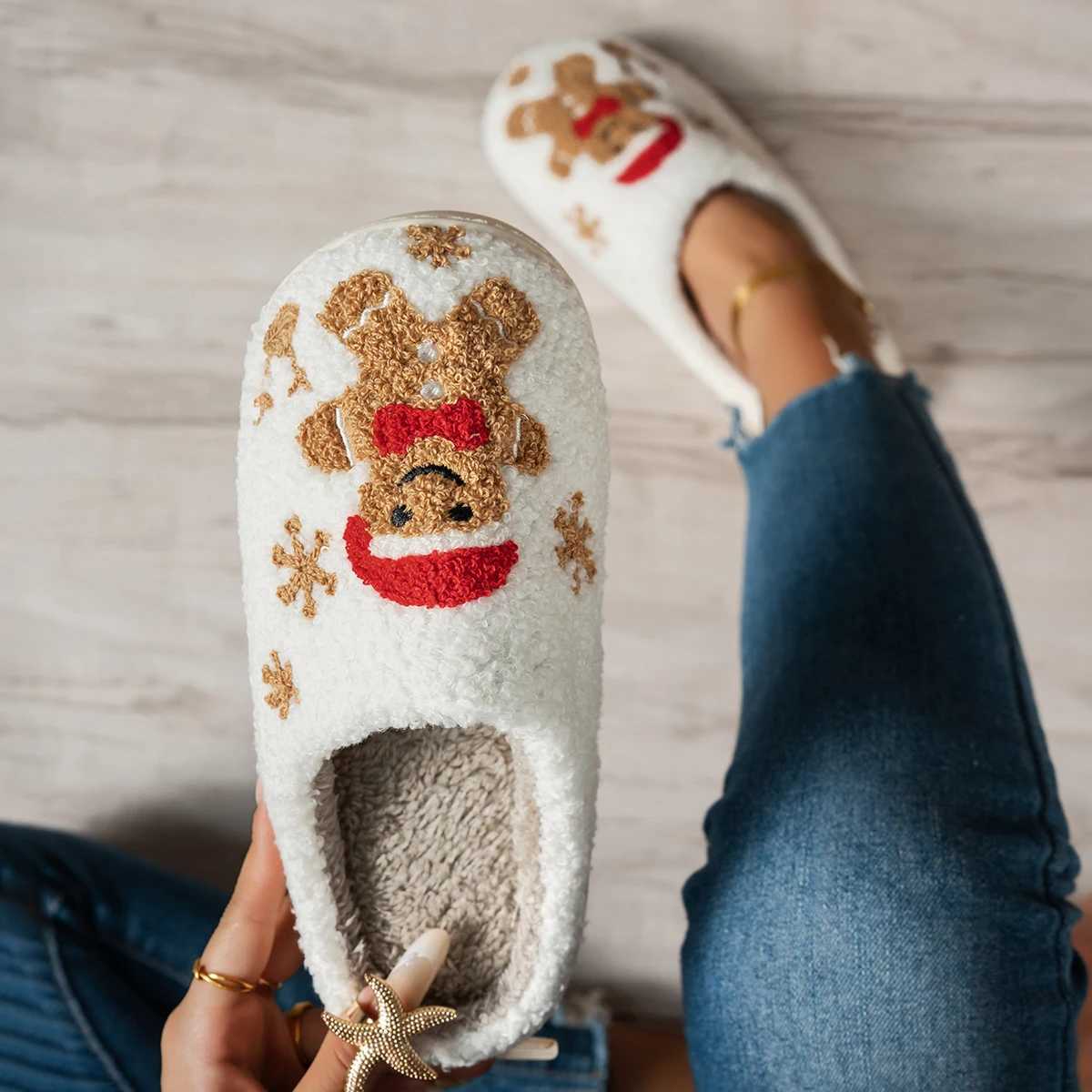 Christmas Winter Indoor Leisure Warm Slippers Embroidery Gingerbread Man Carto Pattern Women Comfy Soft Sole Home Fuzzy ShoesXJ251016