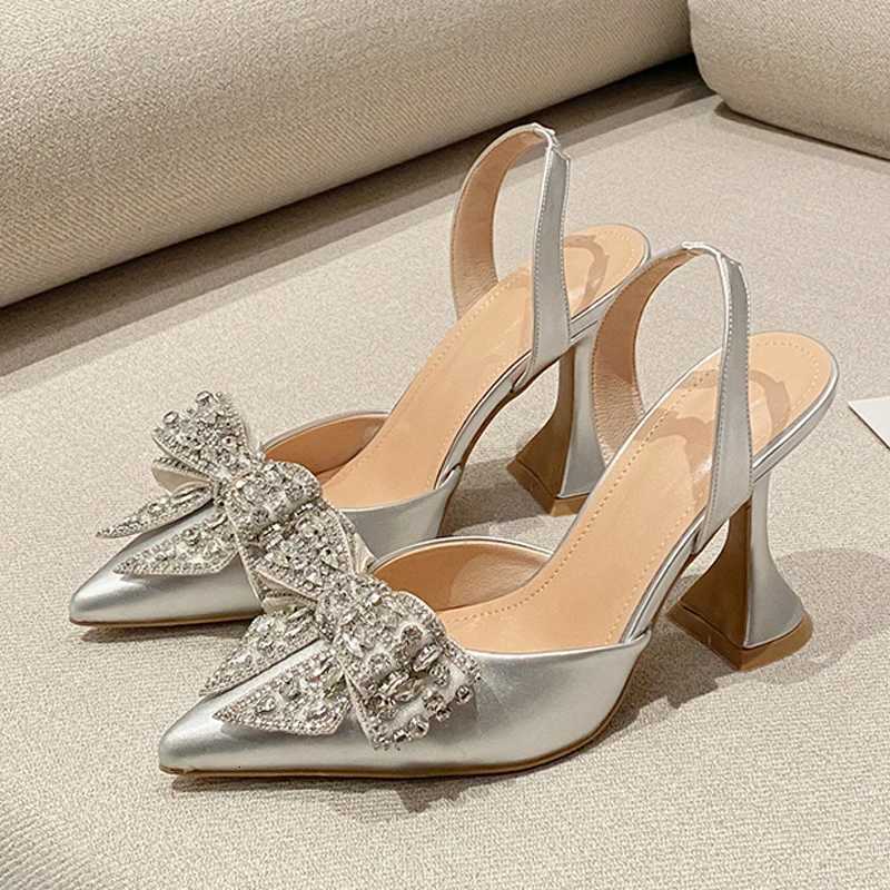 Liyke Fashion Sequined Crystal Bowknot Women Pumps Sexy Pointed Toe Red High Heels Wedding Banquet Shoes Ladies Slingback SandalXJ251016