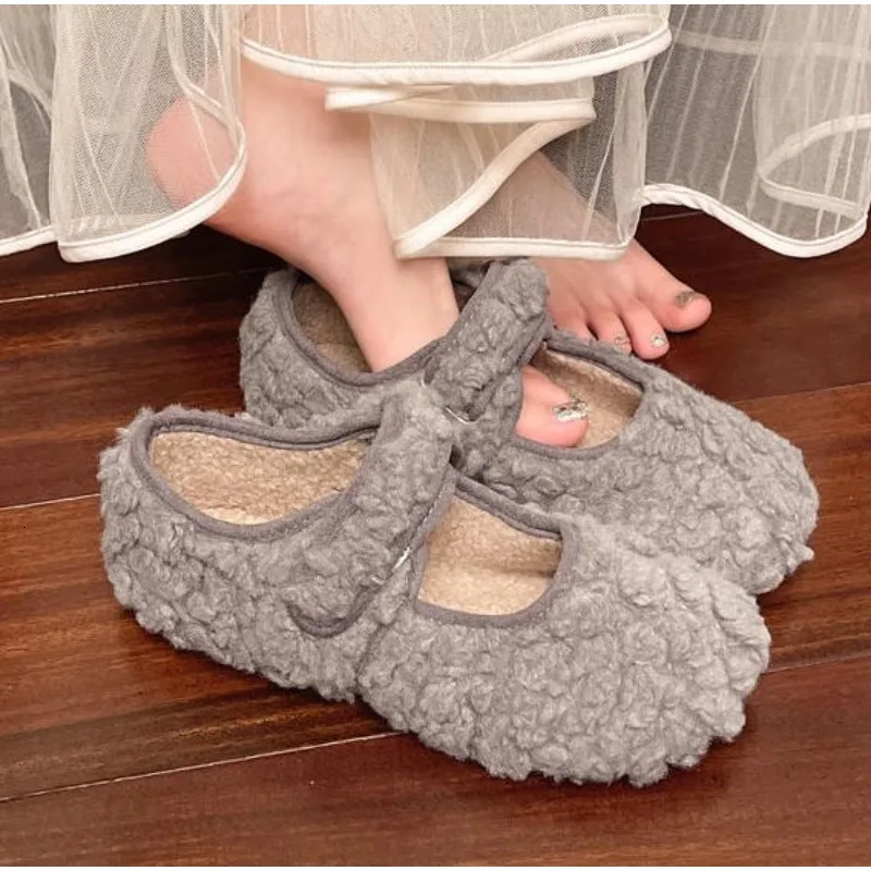 Womens Shearling Ballet Flats with Strap Warm Rabbit Fur Plush Lined Crystal Buckle Mary Jane Flat Shoes 251013