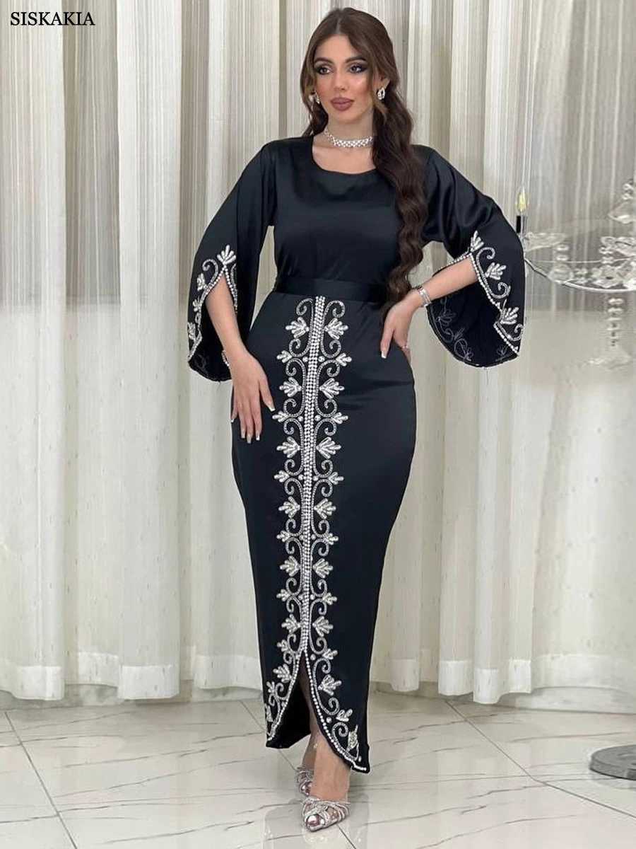 Dresses For Prom Kaftan Dubai Luxury Diamonds Formal Occasion Abaya Elegant Split Sleeve Ladies Long Wrap Dress With Belt X2510161
