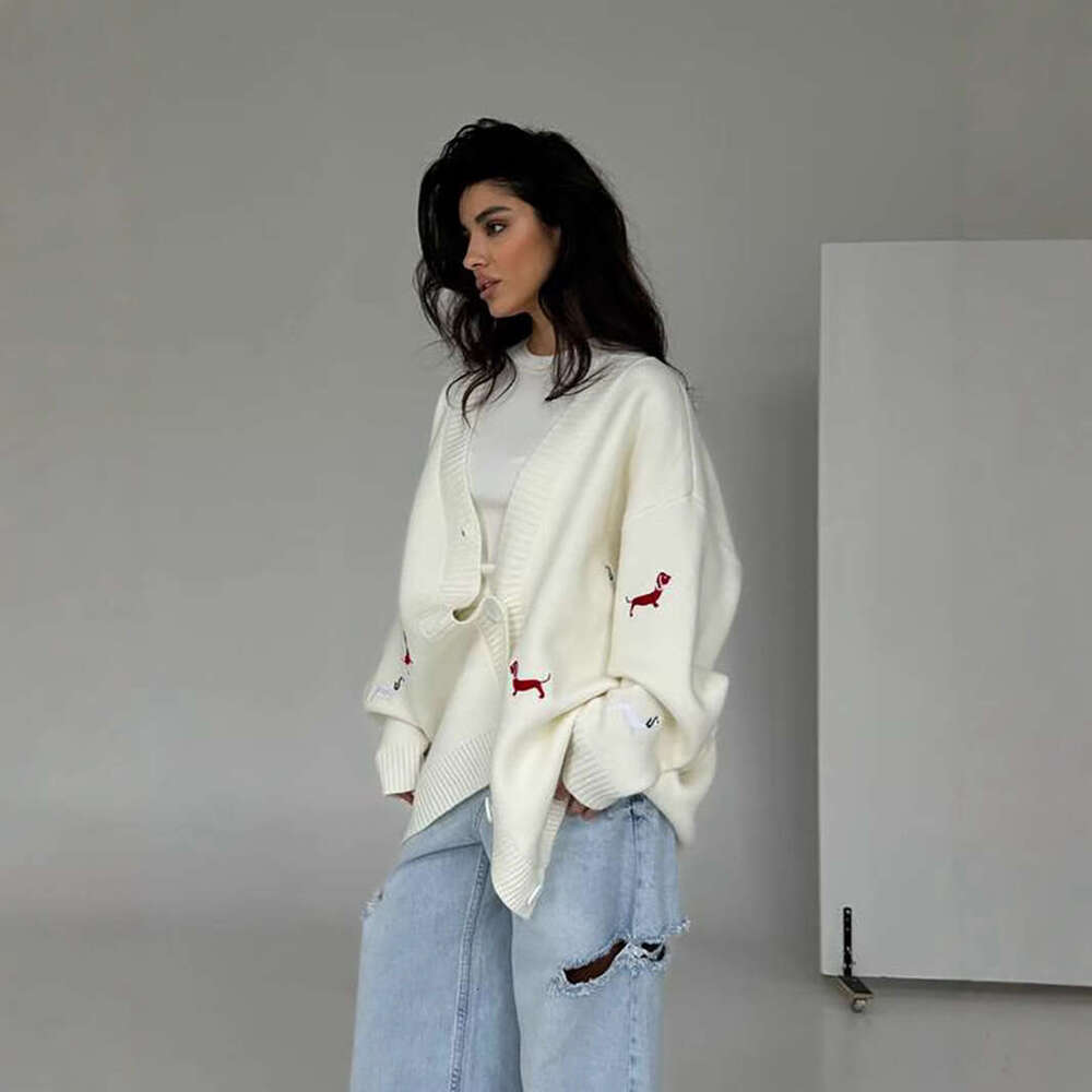 Early Autumn Dachshund Dog Embroidered Sweater Cardigan Loose Versatile V-Neck Long Sleeve Coat Lazy Style Fashion New Women's Clothing B5