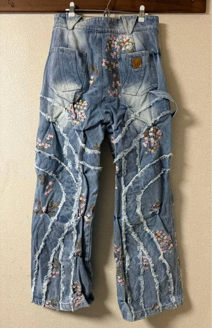 American Vintage Y2K Cherry Blossom Embroidered Jeans Women Men Washed Blue Distressed Baggy Jeans Mid Rise Wide Leg Trousers 251014