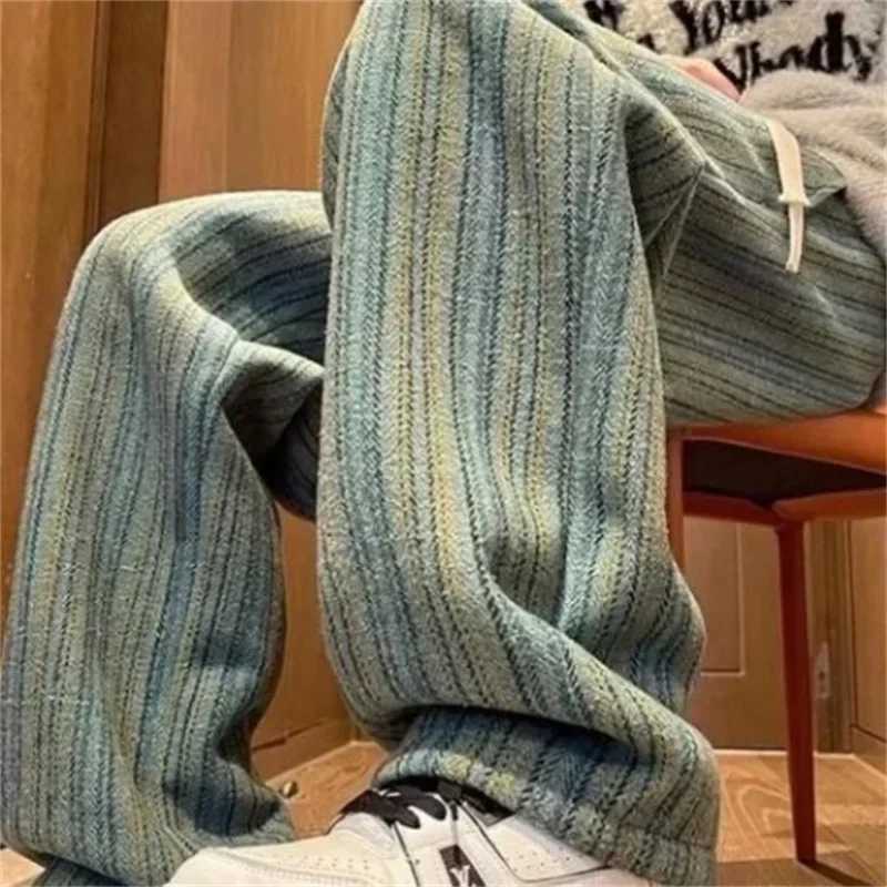 2025 New Mens Striped Woolen Straight Leg Trousers Classic Y2K Vintage Baggy Pants Casual High Street Fashion Gym Sweatpants J251203