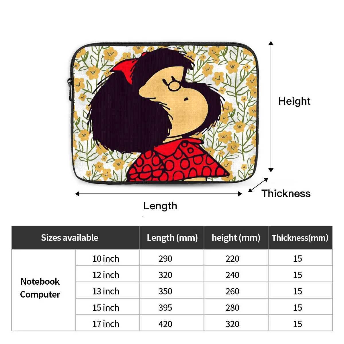 Laptop Notebook Bag Case Mafalda And Flowers Computer Sleeve Case Kawaii Cartoon 10 12 13 15 17 Inch Shockproof Case BagW251015