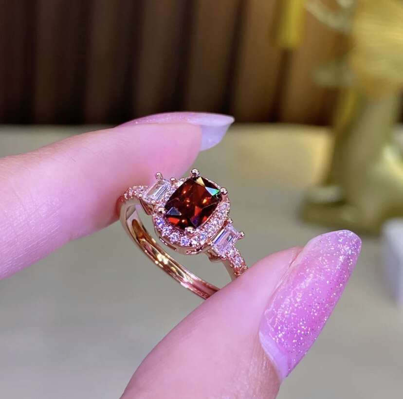 TikTok Kuaishou Live Rectangle Simulated Diamond Gemstone Open Red Crystal Ring Jewelry ddmypluto