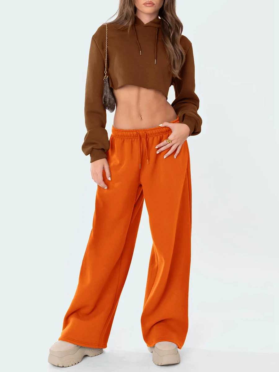 Womens Wide Leg Sweatpants Elastic High Waist Straight Legged Sweatpants Basic Baggy Comfy Jogger Sweat Pants Orange Gray Bottom W251015