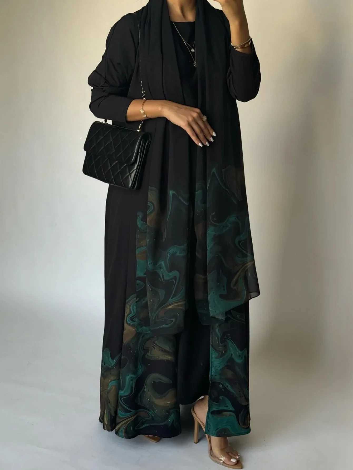 MiddleEast Islamic Open Front Abaya Muslim Full Sleeve Loose Printed Elegant Abayas Turkey Kaftans Women Jilbabs Maxi Dresses X2510161