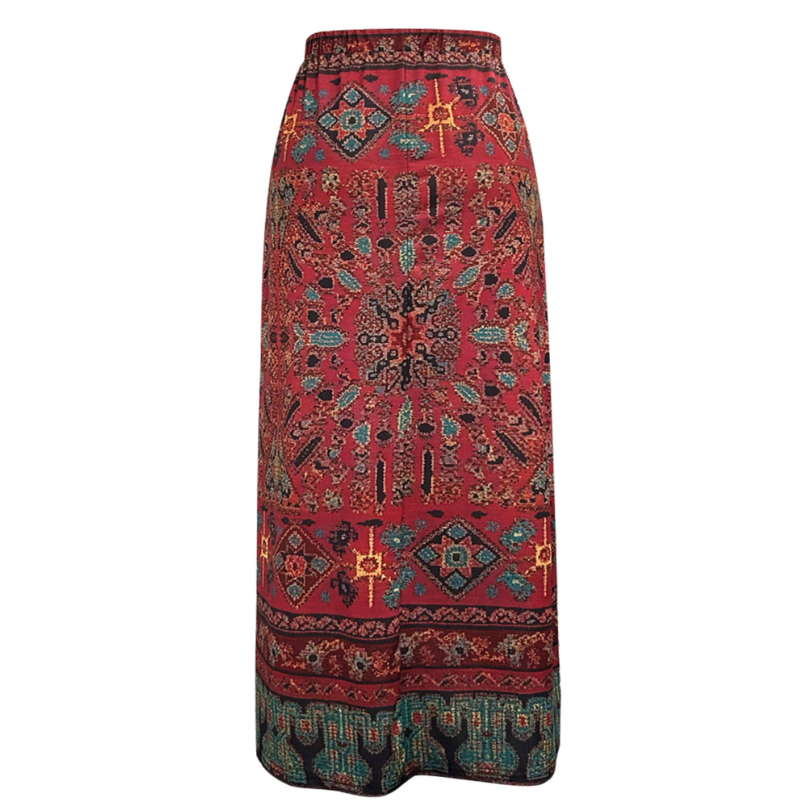 Women's Spring Summer New Ethnic Style Plus Size Midi Skirt - Brick Red Milk Silk Fashion Versatile Skirt-YL24023