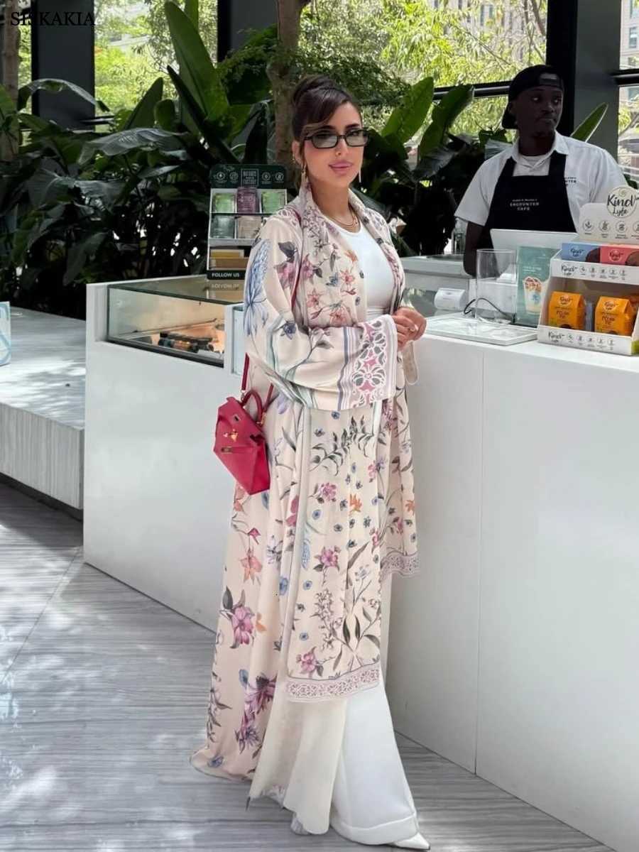 Siskakia New Dubai Elegant Floral Print open abaya Clothing Women Hijab included Stylish Loose Cardigan 2025 X251016