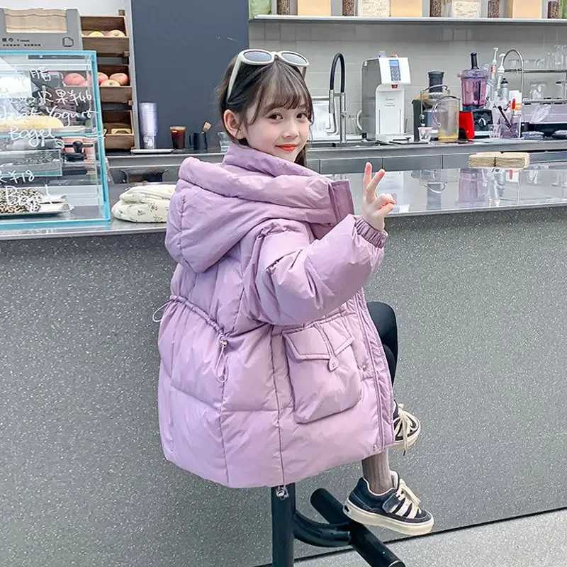 New Winter Girls Jacket Solid Color MidLength Keep Warm Cold Protection Thicken Windproof Snowsuit Children Parka Toddler A49T251016