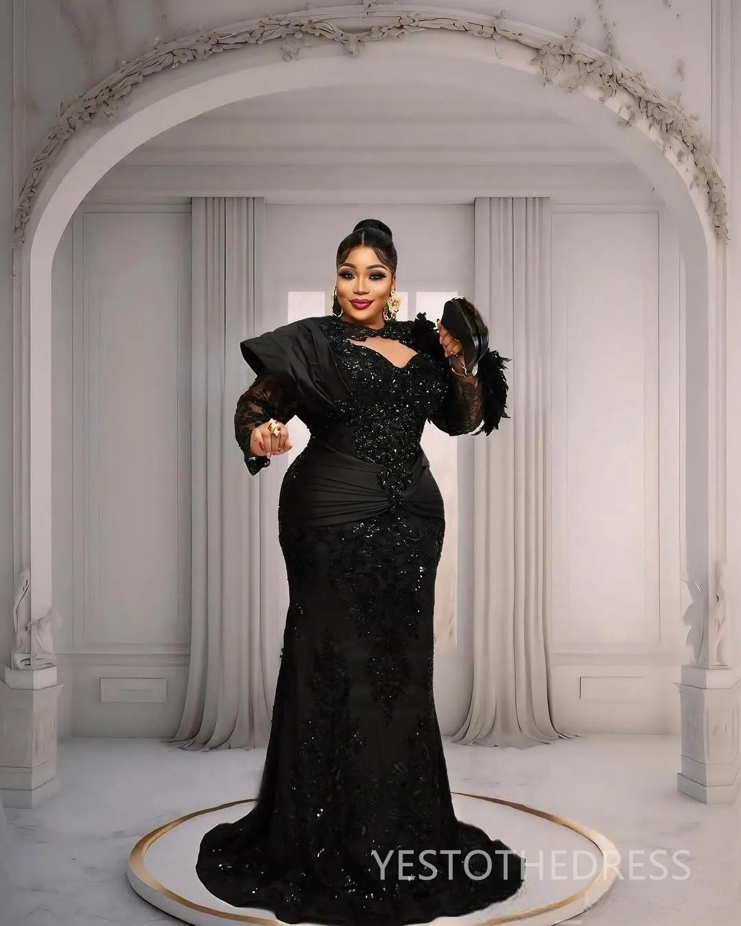 Plus Size Black Prom Dresses 2026 Evening Dresses Illusion Mermaid Sheer Neck Long Sleeves Beaded Lace Flora Birthday Dress Second Reception Gown AM29