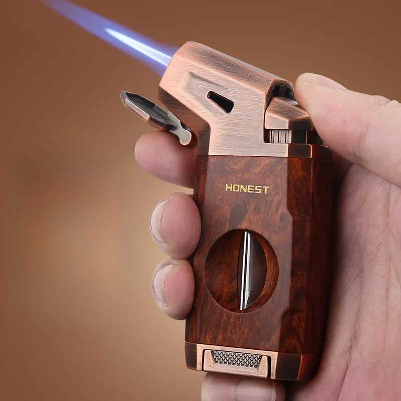 Recently Hot Selling Cigar Torch Lighter with V Shape Cutter Luxury Cigar Accessories Windproof Butane Lighters Gift for Smokers C251016