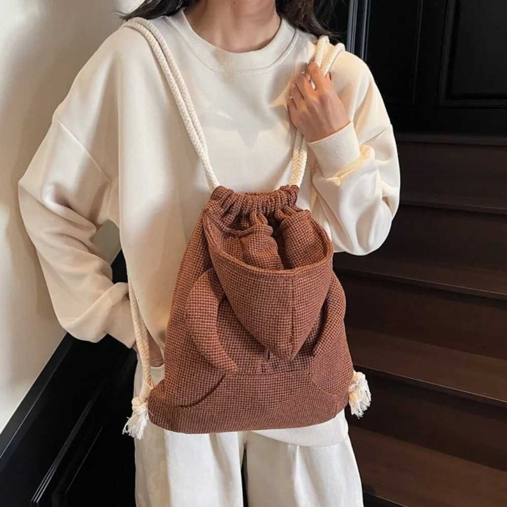 Simple Ox Horn Hooded Backpack Korean Style Solid Color Hoodie Design Schoolbag Zipper Large Capacity Drawstring Bag ShoppingT251016