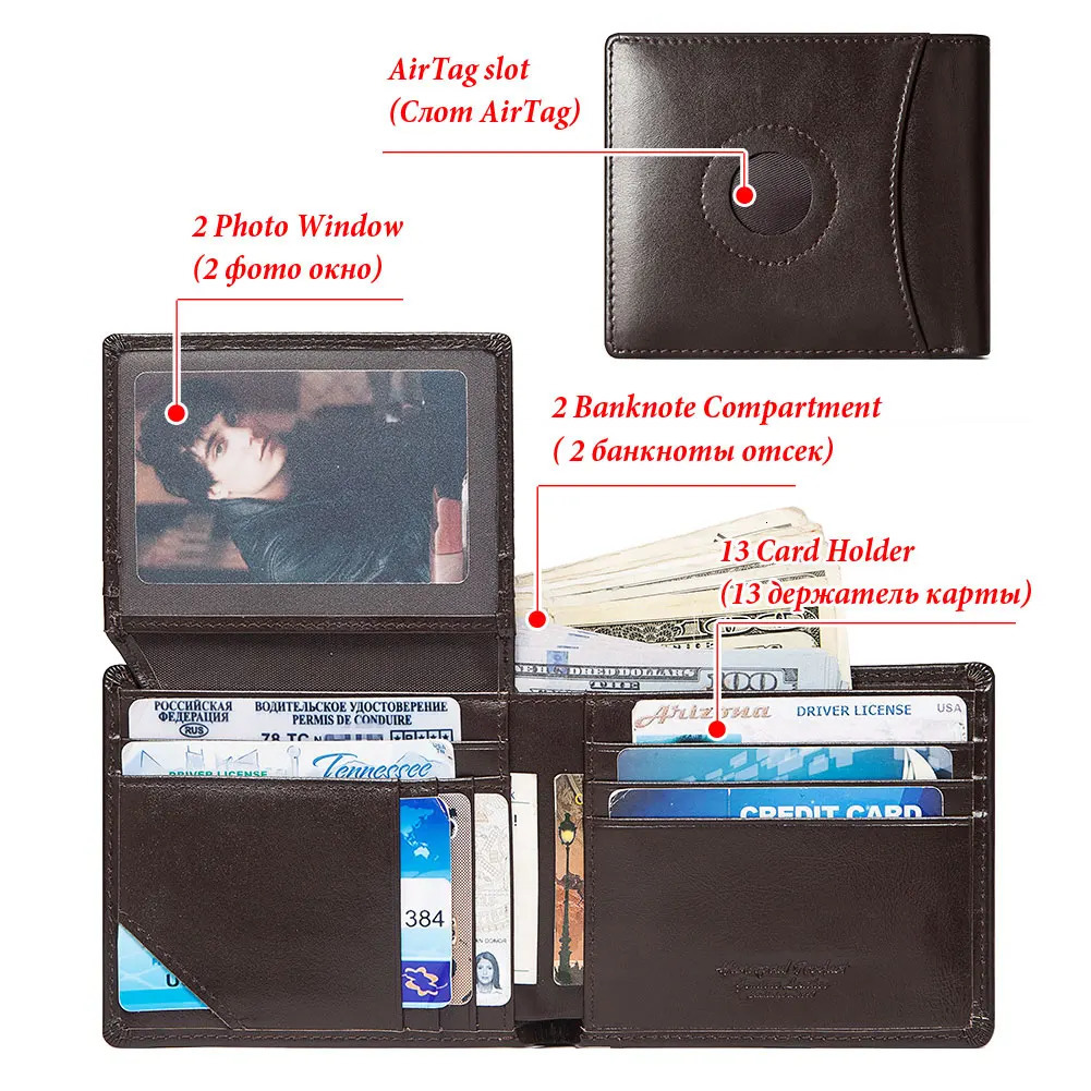 HUMERPAUL Airtag Wallet For Men Real Leather RFID Trifold Card Holder Case with ID Window Slim Antilost Purse251011