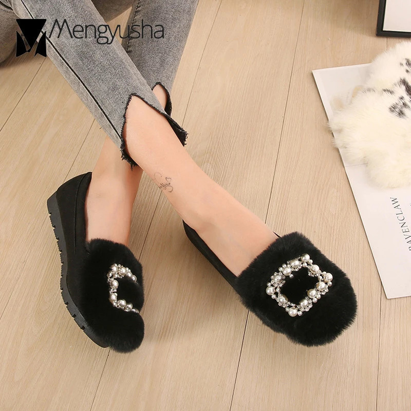 Real Rabbit Fur Shoes Woman Winter Plush Cotton Flats String Beaded Buckle Loafers Ladies Plus Size Moccasins Fleeces Snow Shoes 251013