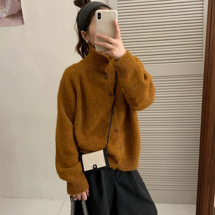 Korean Style Stand Collar High Neck Sweater Coat for Women Soft and Cozy Top for Autumn and Winter Loose and Lazy Knitted Cardigan for Outerwear 25082
