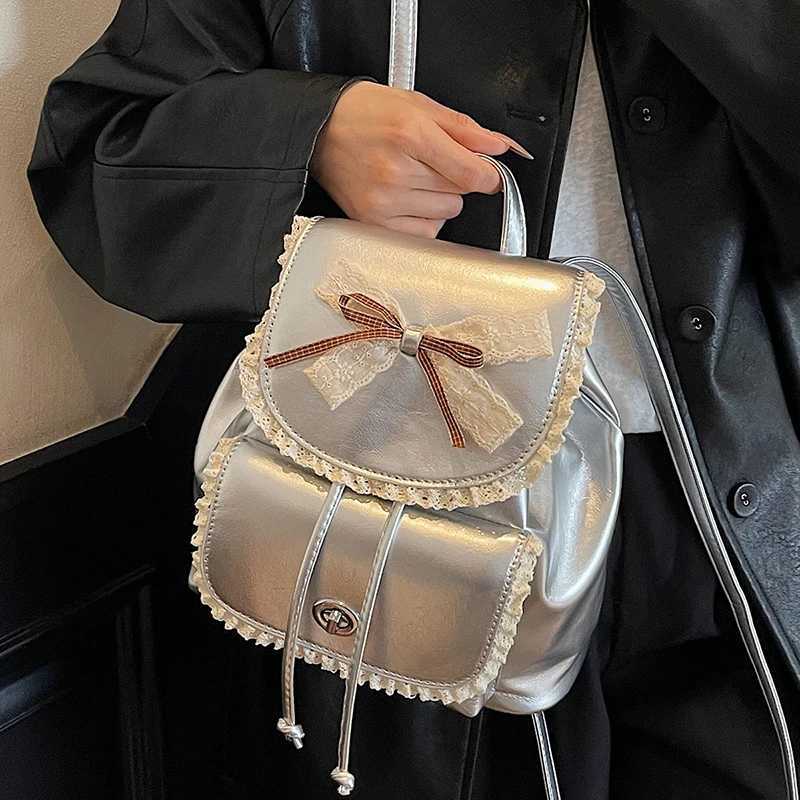 Bow Design Womens Small Leather Backpacks Ladies Fashion Silver Backpack For Girls Exquisite Lace Travel Sweet Cute Back PacksT251016