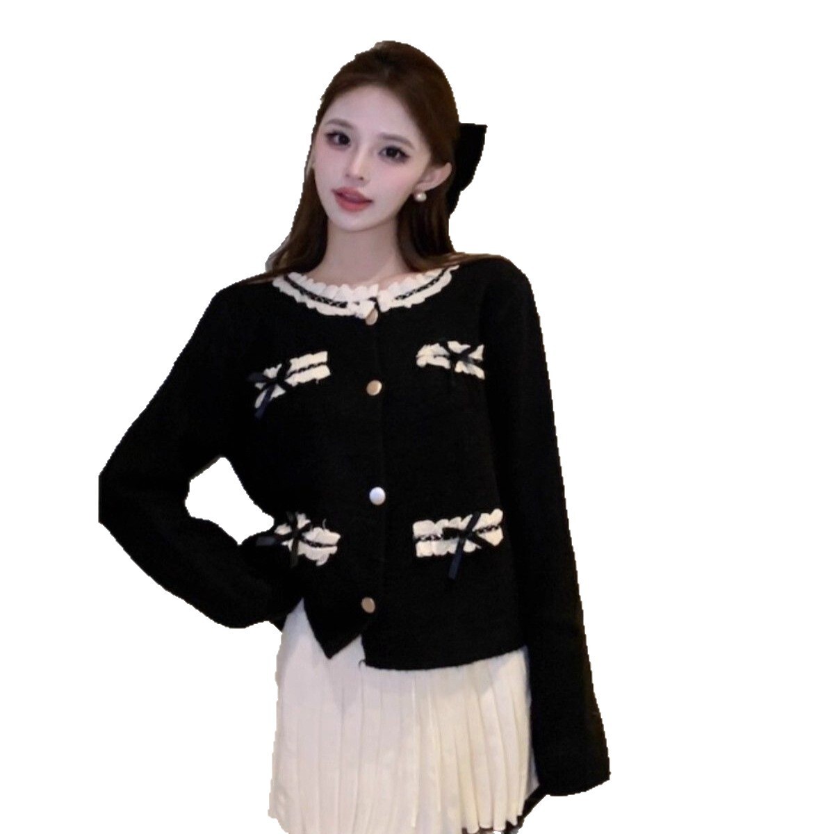 2025 Autumn/Winter New Bow Knitted Luxury Cardigan Women's Long Sleeve Sweater design Soft and Beautiful Designer Lace Edge Decorative Coat