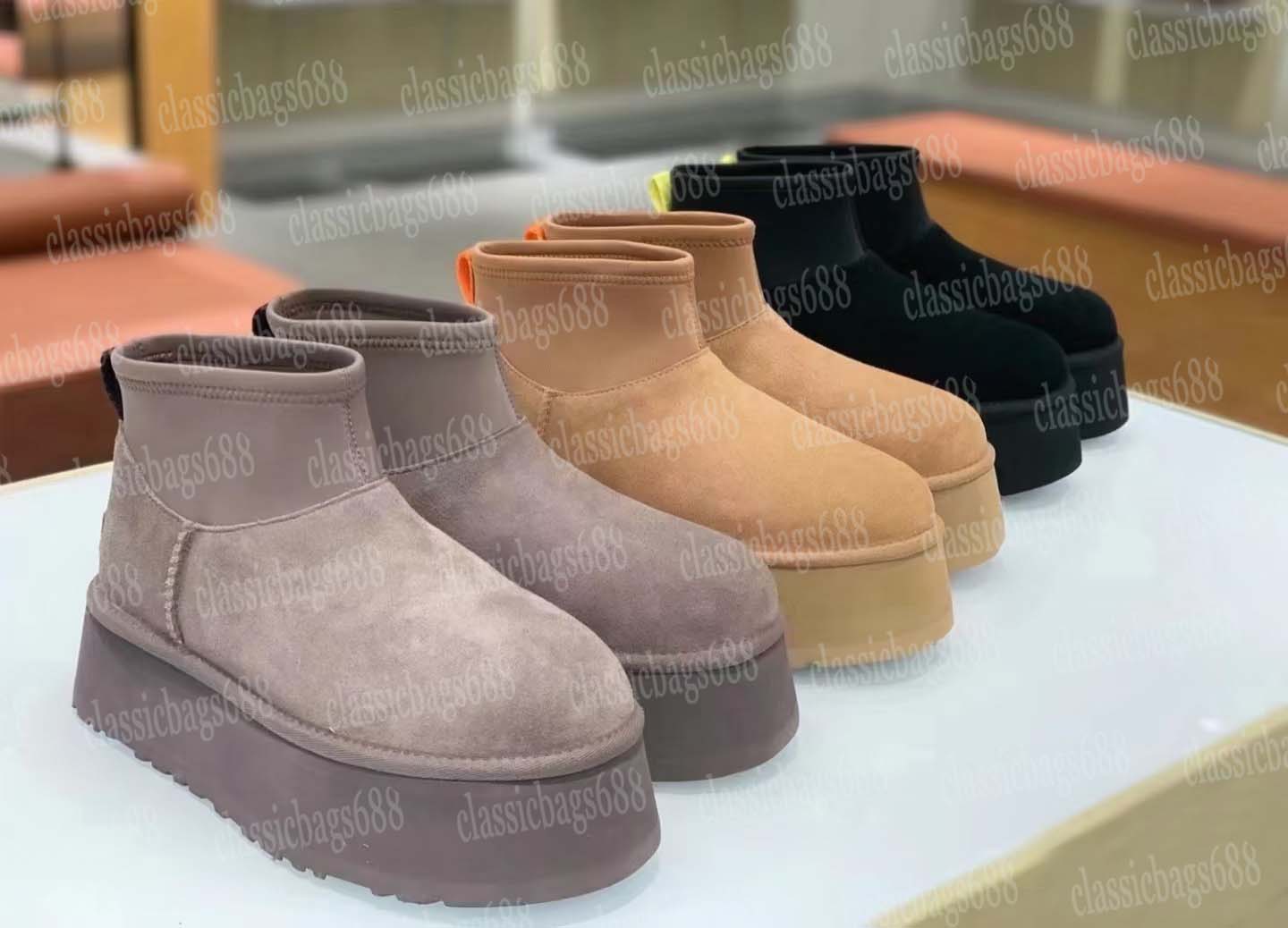 W Classic Dipper Tasman Platform boots Ultra Mini DIPPER Chestnut Fur Fluffy Slides Sheepskin Tazz Slippers women Capybara Snow boot Winter plush cotton shoes A6