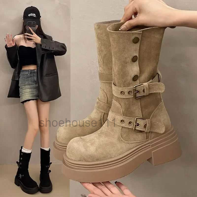 Boots Womens Long Boots 2025 Spring New Style Fashionable Twopiece Lapel Mid Leg Boots Retro Versatile Thick Soled Motorcycle Boots L250905