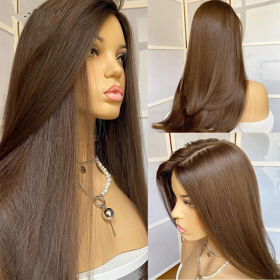 Raw virgin hair european wig Chocolate Brown full Human Hair Wigs #4 Dark Brown Colored Straight Lace Frontal Wig For Women Hand tied