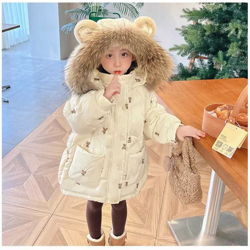 New Girls Embroidered Down and Cotton Jacket Medium To Long with A Thick Winter Fur Collar and A Warm Top for ChildrenT251016
