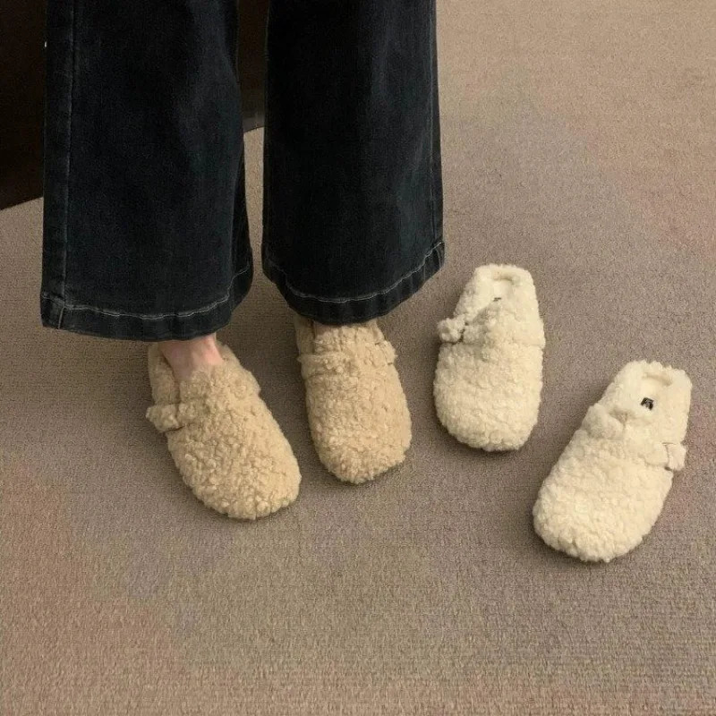 Lambwool Moccasins Femme Winter Cotton Shoes Women Warm Plush Loafers Comfy Curly Sheep Fur Flats Slippers Mules Shoes 251013