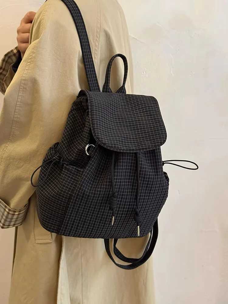 Korean Plaid Drawstring Large Capaci Student Commuter Versatile Nylon Bookbag Lightweight Casual Summer Buet BagT251016