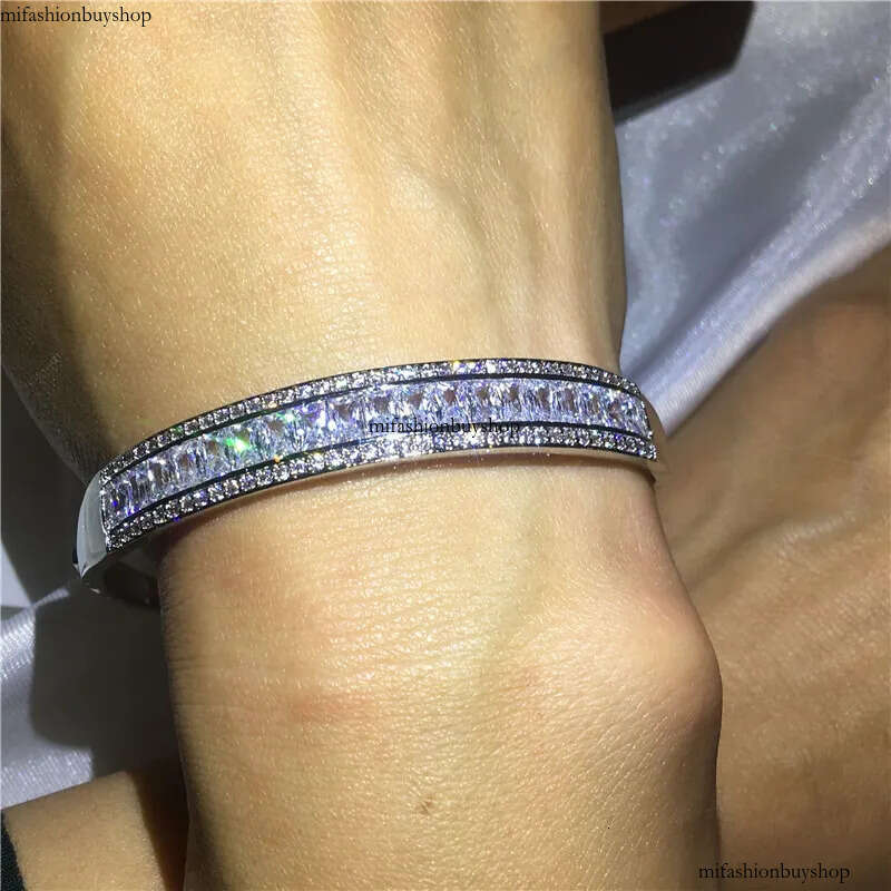 Rulalei Sparkling Hot Sale Jewelry Sterling Sier Full Princess White Topaz CZ Dia Gemstones Women Bracelet Bridal Bangle