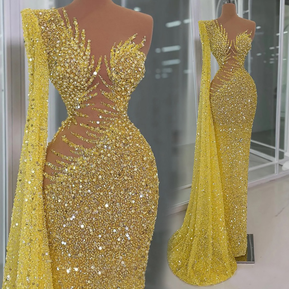 Prom Dresses Evening Dresses Illusion Mermaid Promdress Beaded Lace One Shoulder Sequined Lace Pearls Second Receptio