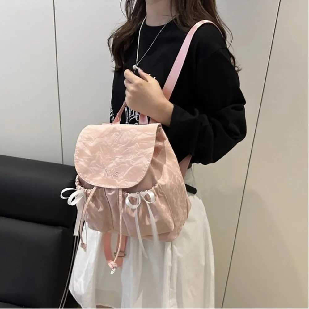 Fashion Cute Knot Womens Backpack Large Capacity Solid Color Students Bookbag Drawstring Travel Bag TravelT251016