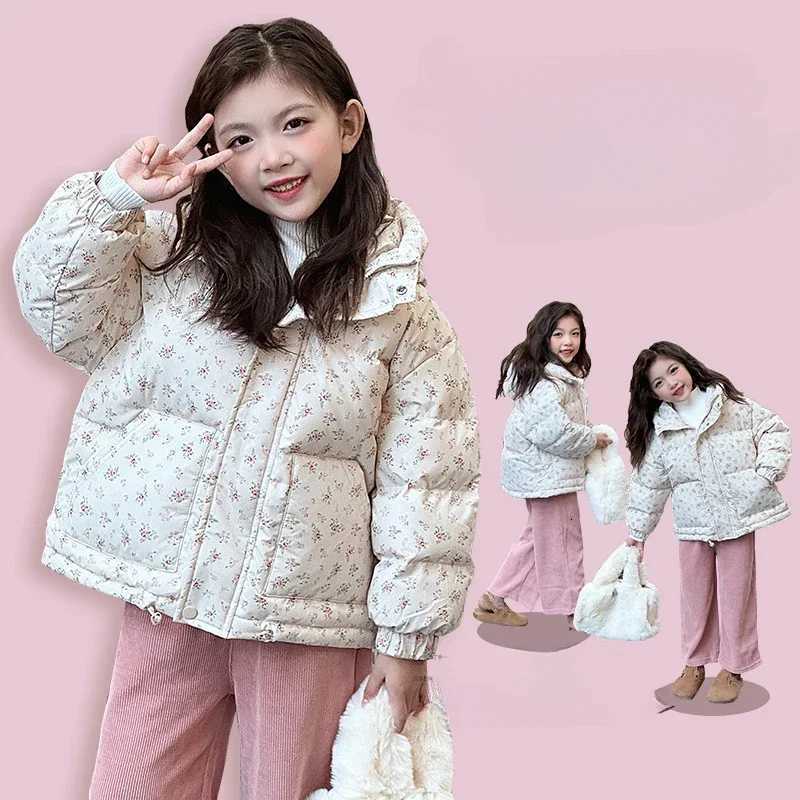 Floral Cotton Jacket for Girls Winter Clothing Children Down Cotton Hooded Jacket Thickened Coat for Baby Girls Loose CardiganT251016