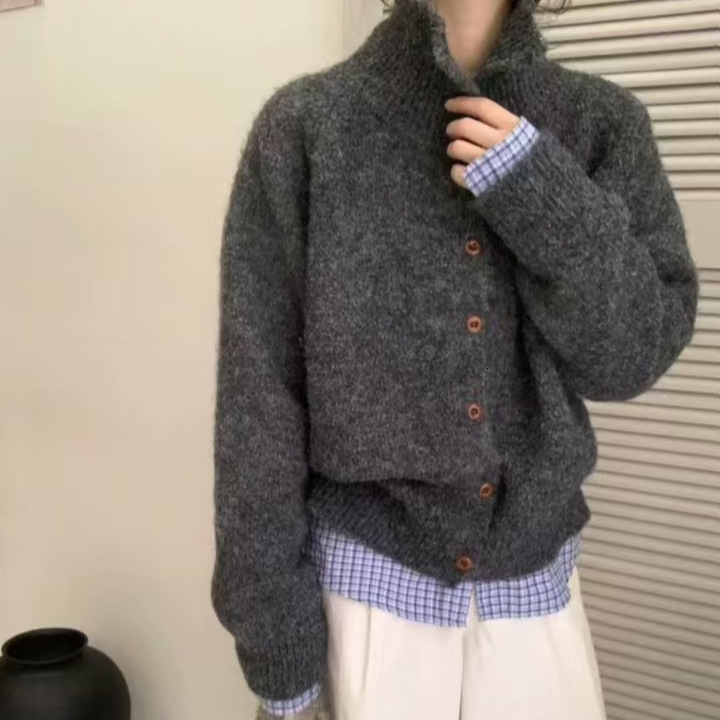 Korean Style Stand Collar High Neck Sweater Coat for Women Soft and Cozy Top for Autumn and Winter Loose and Lazy Knitted Cardigan for Outerwear 25082
