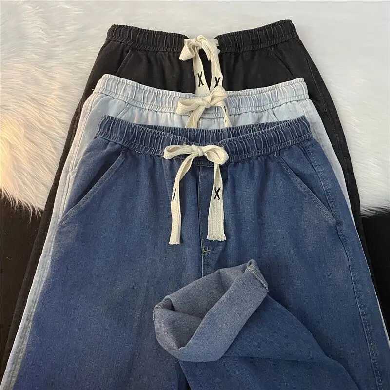 Loose Wide Leg Thin Denim Jeans Mens Summer Trendy Brand Casual Long Pants Harlan Sle Dstring Waist Regular Thin J251016
