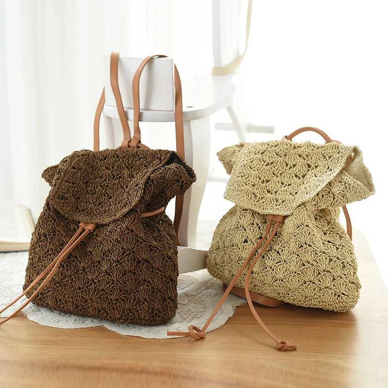Beach Womens Backpacks Summer Straw Bags Drawstring Hollow Out Handmade Knitted Travel Backpack Design For Girls B018T251016