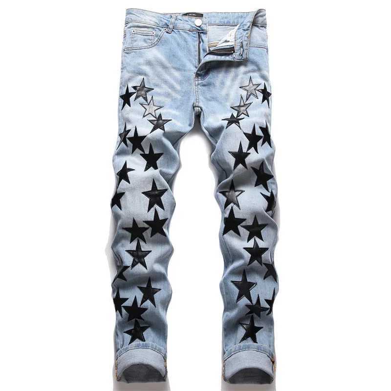 Mens high street new ripped stars patch jeans man fashion slim feet full of stars stretch jeans male trend w873 J251016