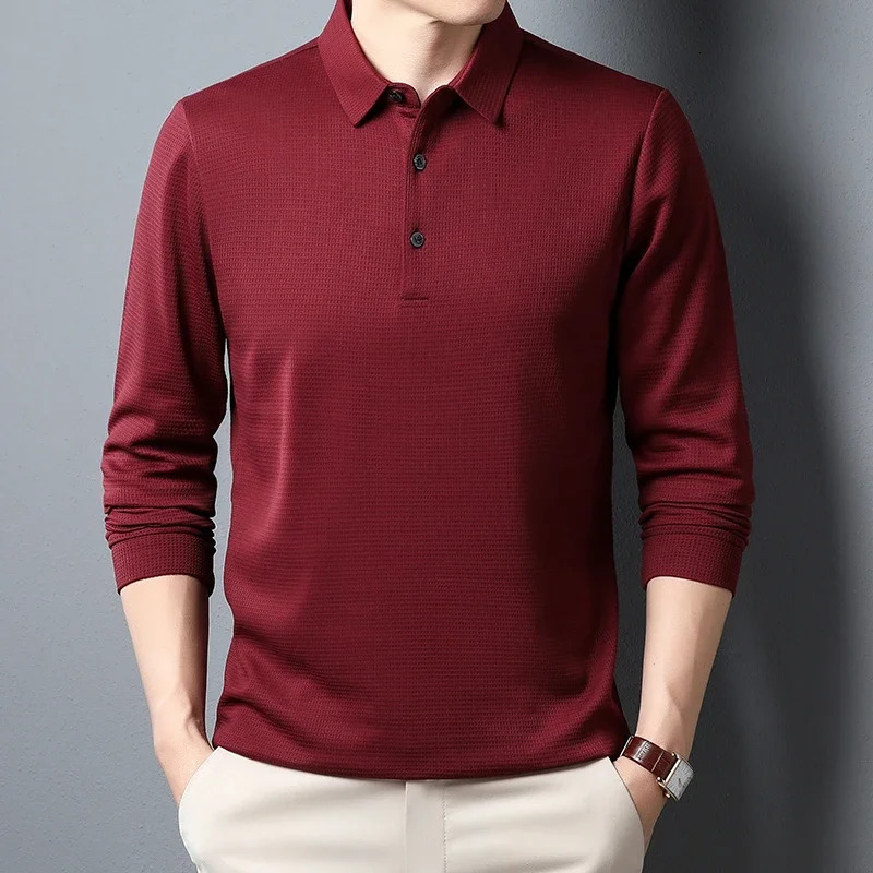 Mens Business Fashion Casual Long Sleeved Shirt Solid Color Polo Shirt Fashionable Breathable Comfortable Versatile Top a251016