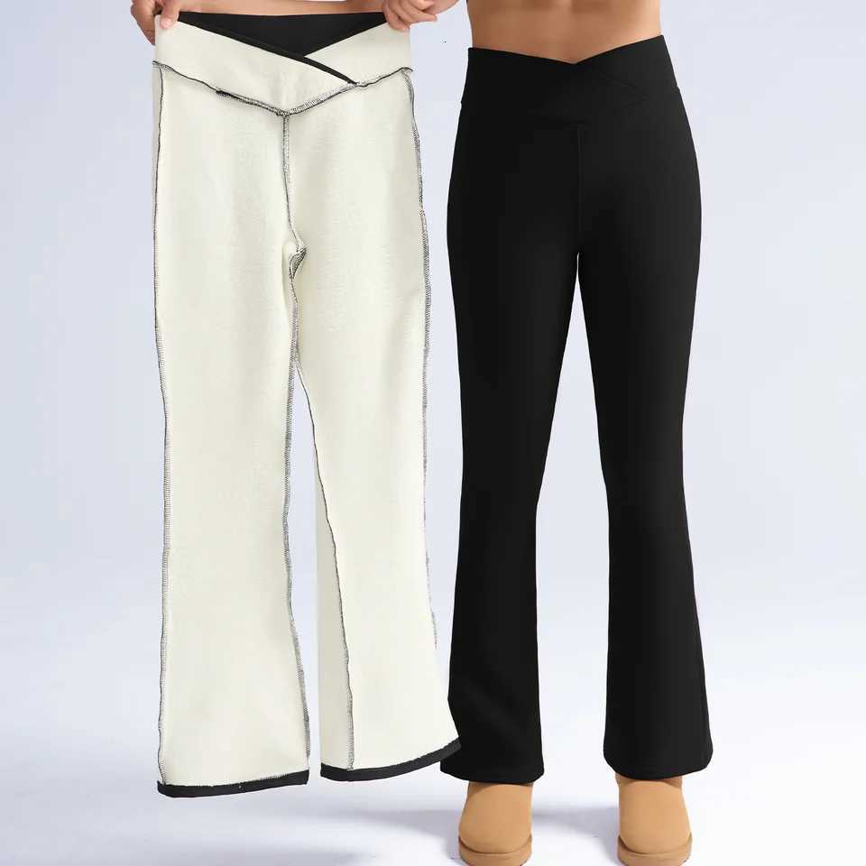 Women FallWinter VWaisted Fleece Keep Warm Tight Fitting Flared Pants Slim Leg Long Black LeggingsT251016