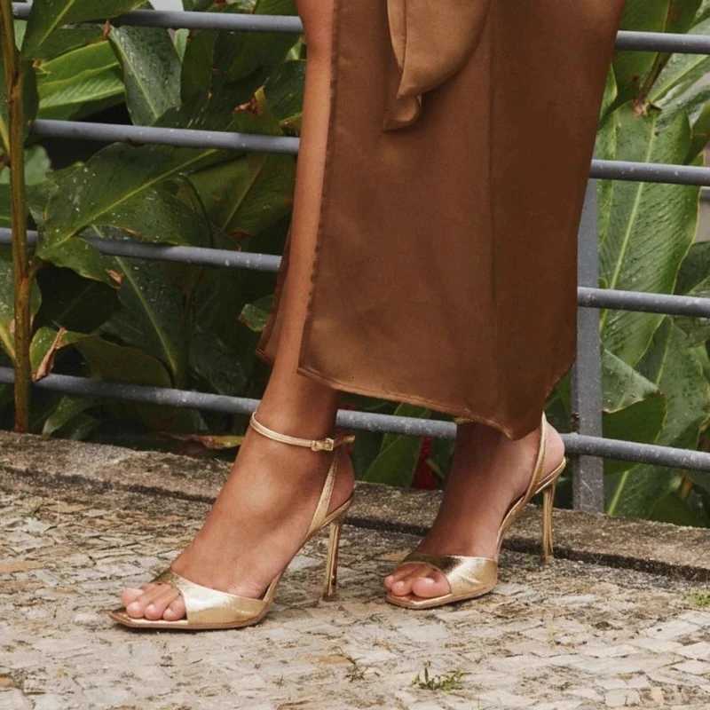 Luxury Gold Patent Leather Brand High Heel Sandal Women Fashion Ankle Buckle Thin Heel Designer Shoe Elegant Party Evening Shoes Z251015