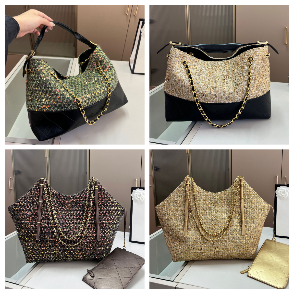 25s Winter Tweed Tote Designer Wool Knit Bag Women's Luxury Tweed Handbag Bucket Bag Sequin Metal Chain Slouchy Bag Shoulder Bag Large Capacity Hobo Underarm Bag